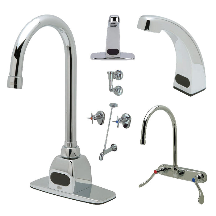 Collage of commercial bathroom supplies and faucets.