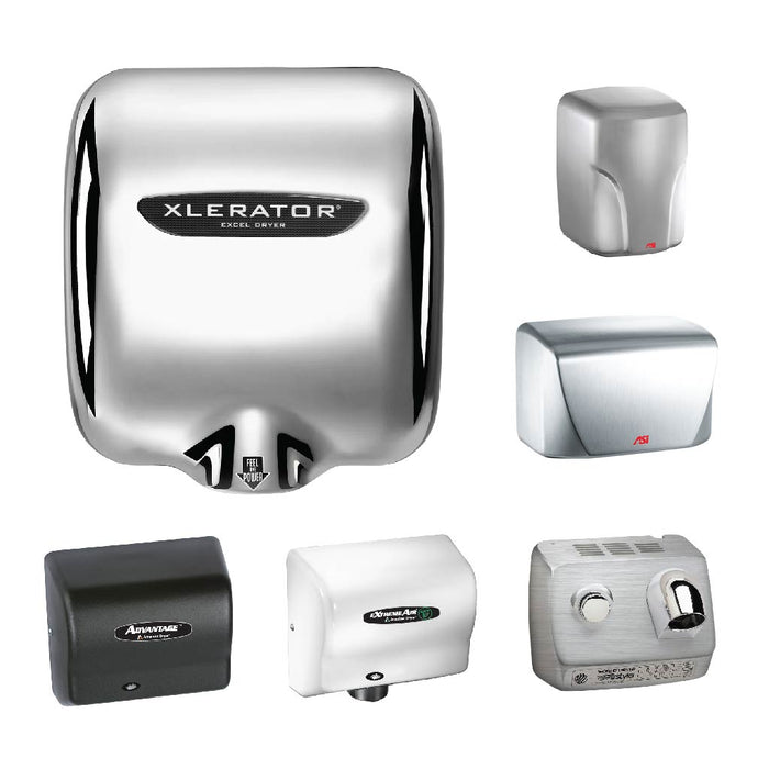 Collage of hand dryers and public restroom supplies.