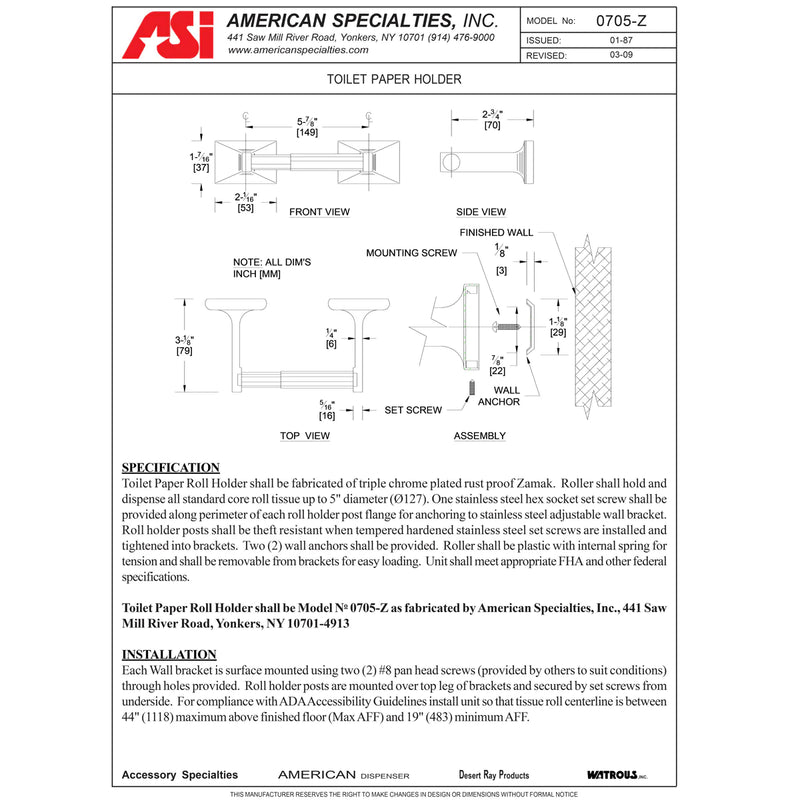 ASI 0705-Z Zamac Toilet Tissue Holder (Single) Chrome Plated - Surface Mounted - Spec Sheet