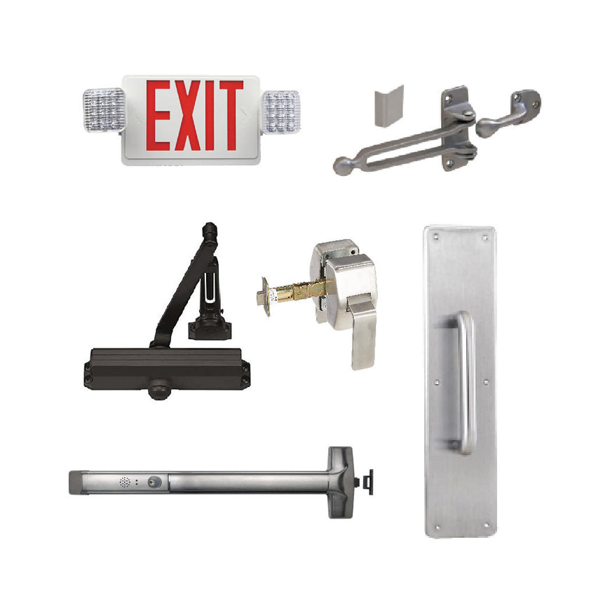 Commercial fixtures and door accessories collage of exit signs, door arms, and door hinges.