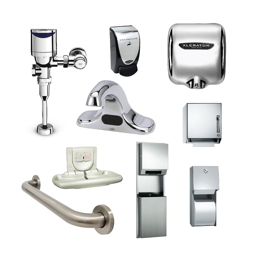 Commercial bathroom supplies collage of faucets, hand dryers, changing stations and more.