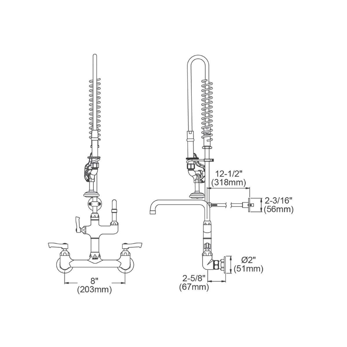 Elkay 8" Centerset Wall Mount Faucet 44"  Flexible Hose with 1.2 GPM Spray Head + 10" Arc Tube Spout 2" Lever Handles - dimensions