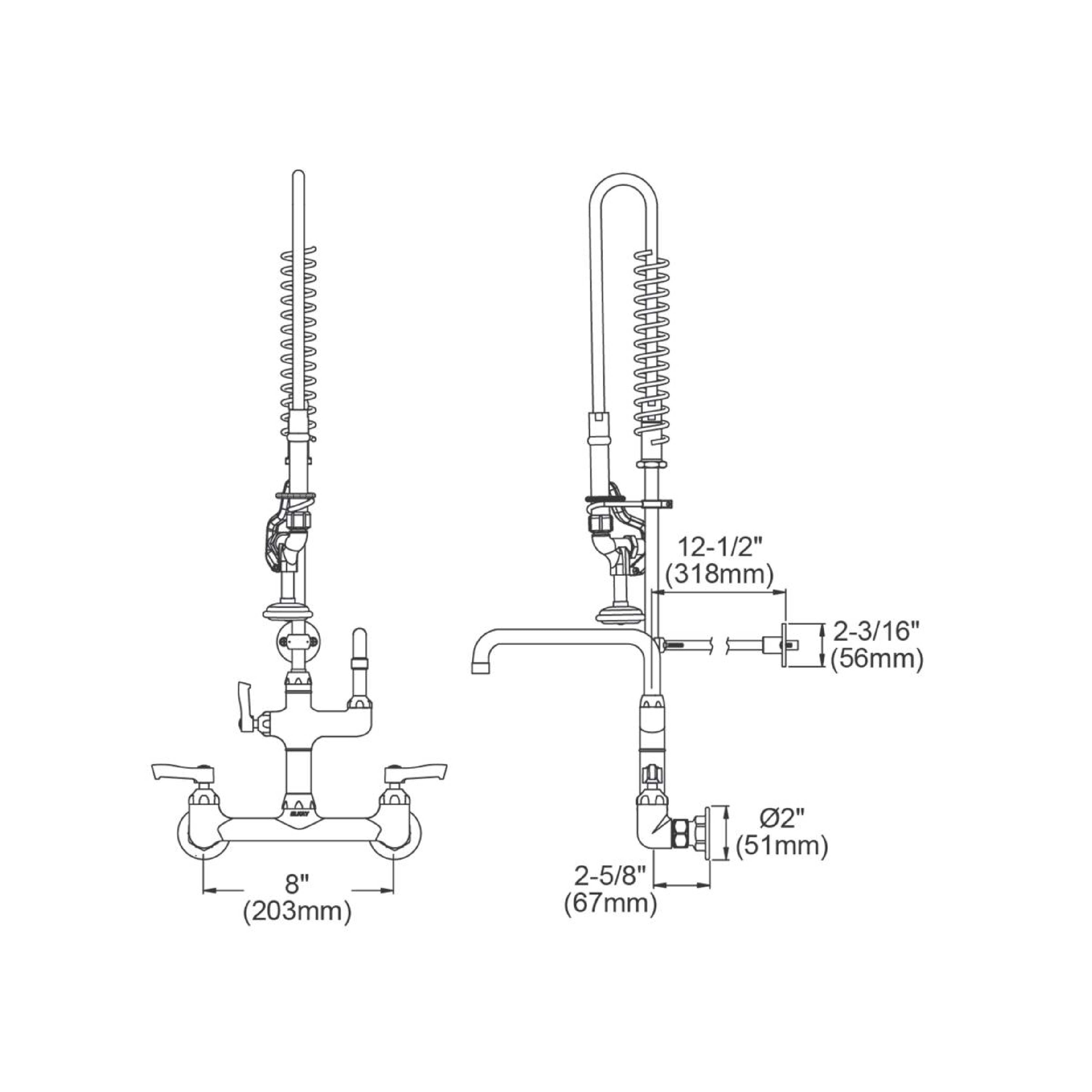 Elkay 8" Centerset Wall Mount Faucet 44"  Flexible Hose with 1.2 GPM Spray Head + 10" Arc Tube Spout 2" Lever Handles - dimensions