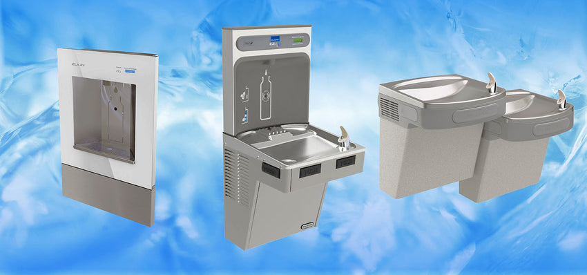 Collage of bottle filling stations and public restroom supplies.