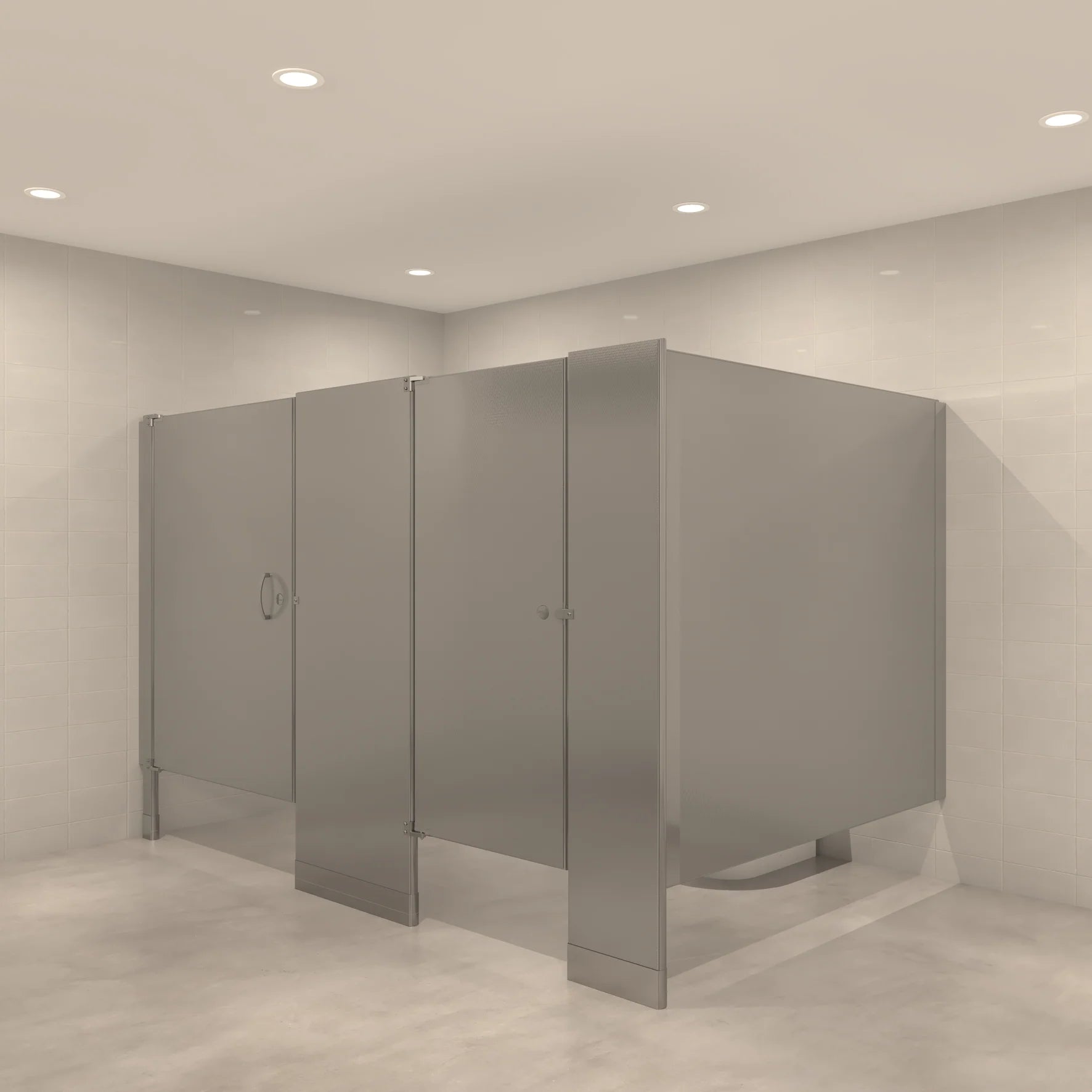 Floor mounted toilet partitions with uniform height doors, pilasters, and panels for commercial restrooms