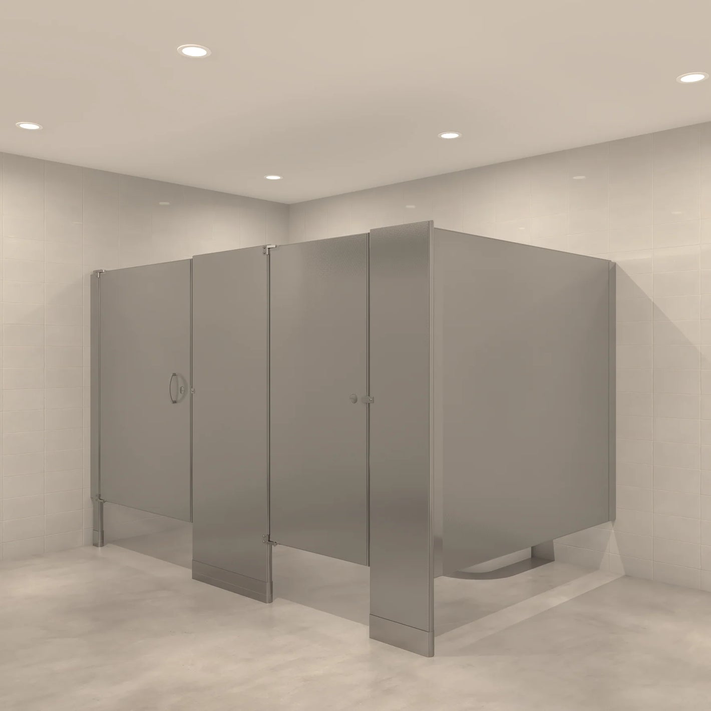 Floor mounted toilet partitions with uniform height doors, pilasters, and panels for commercial restrooms