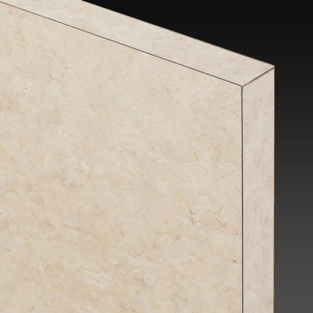 Close-up of plastic laminate commercial bathroom partition panel showing marble-pattern surface finish and clean mitered corner edge detail